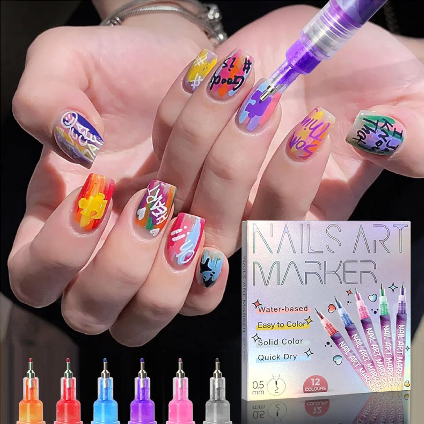 12 Colors Nail Art Pens Set 3D Nail Polish Pens Graffiti Dotting Pen Acrylic Paint Pens Point Liner Pen Drawing Painting for Nails Art Design Manicure Nail DIY Decoration