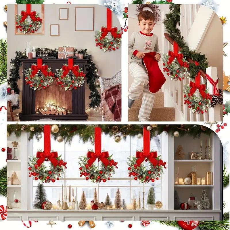 6-Pack Christmas Mini Window Wreaths with Ribbon Bows & Red Berries - Small Cabinet Hangers, Farmhouse Style Kitchen Door Decor for Christmas Party Arrangements