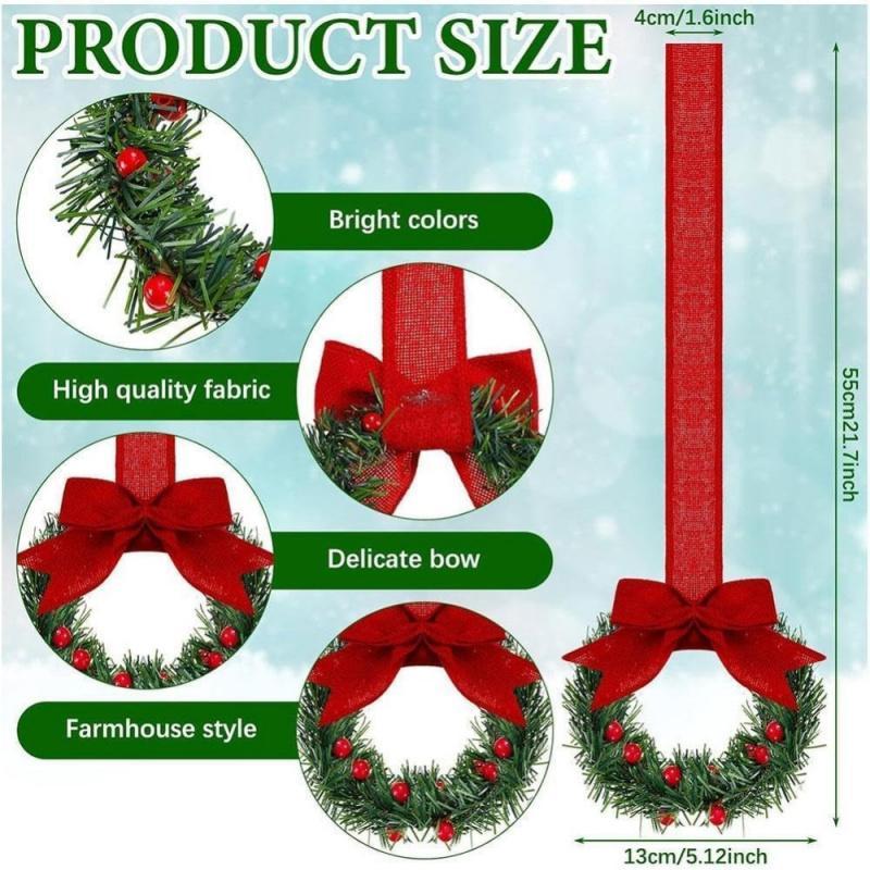 6-Pack Christmas Mini Window Wreaths with Ribbon Bows & Red Berries - Small Cabinet Hangers, Farmhouse Style Kitchen Door Decor for Christmas Party Arrangements