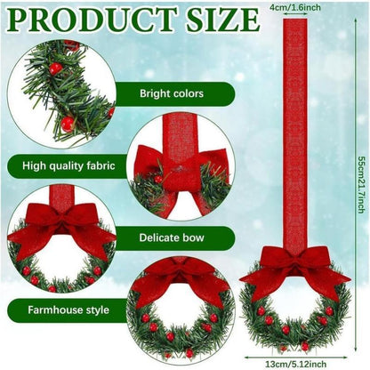 6-Pack Christmas Mini Window Wreaths with Ribbon Bows & Red Berries - Small Cabinet Hangers, Farmhouse Style Kitchen Door Decor for Christmas Party Arrangements