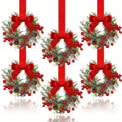 6-Pack Christmas Mini Window Wreaths with Ribbon Bows & Red Berries - Small Cabinet Hangers, Farmhouse Style Kitchen Door Decor for Christmas Party Arrangements