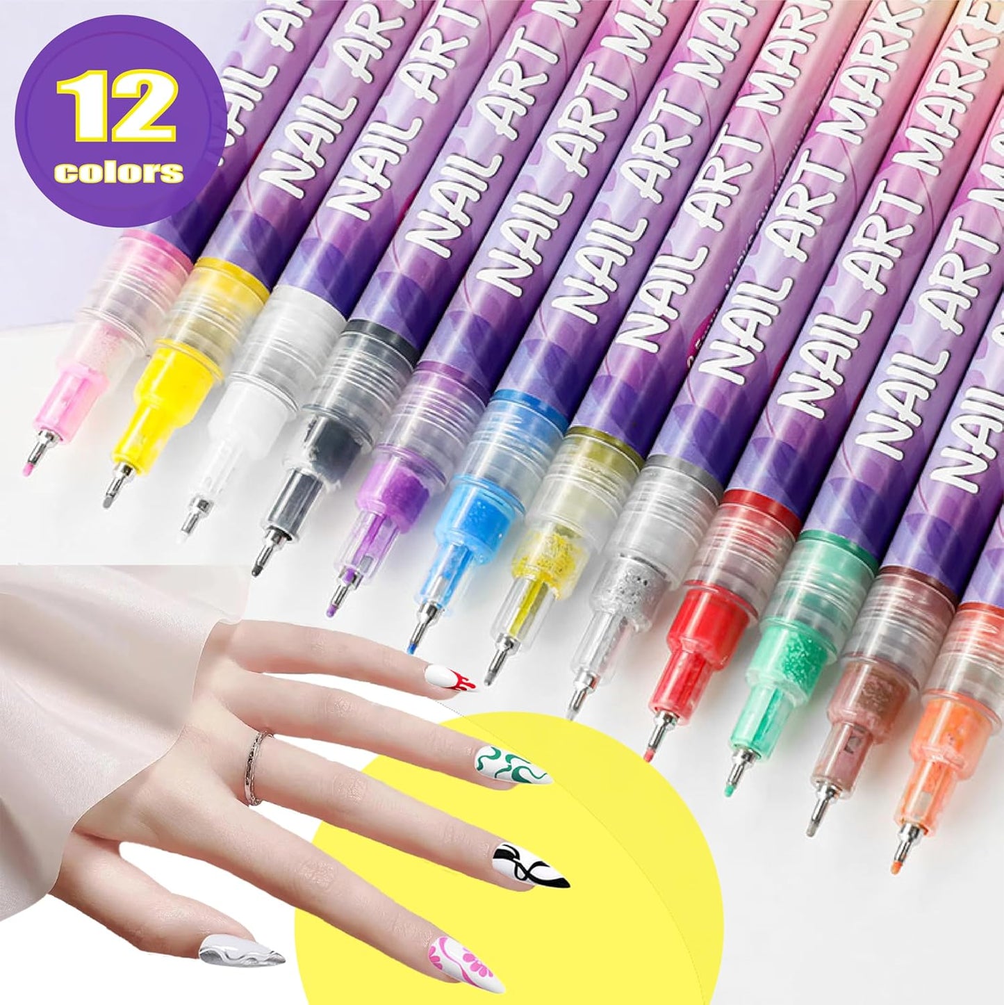 12 Colors Nail Art Pens Set 3D Nail Polish Pens Graffiti Dotting Pen Acrylic Paint Pens Point Liner Pen Drawing Painting for Nails Art Design Manicure Nail DIY Decoration