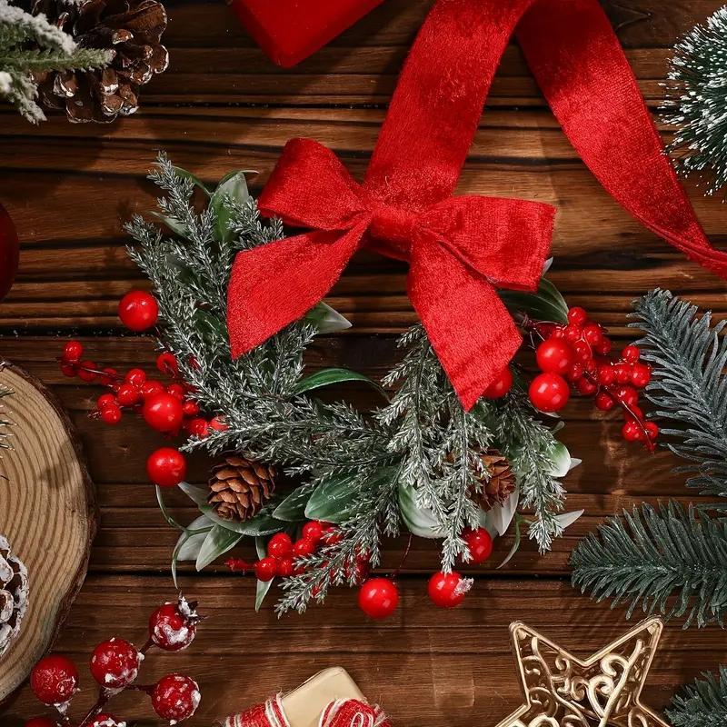 6-Pack Christmas Mini Window Wreaths with Ribbon Bows & Red Berries - Small Cabinet Hangers, Farmhouse Style Kitchen Door Decor for Christmas Party Arrangements